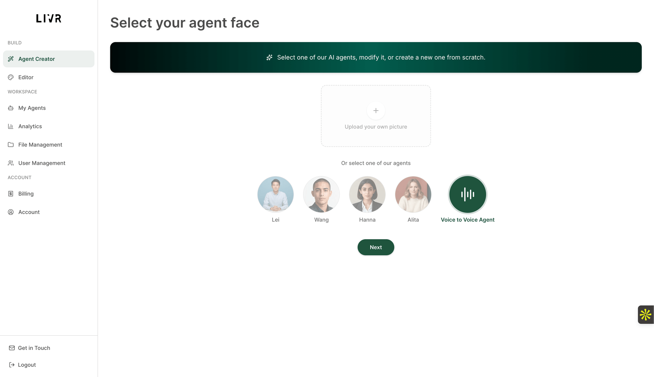 Livr AI Agent Creator, select your agent face